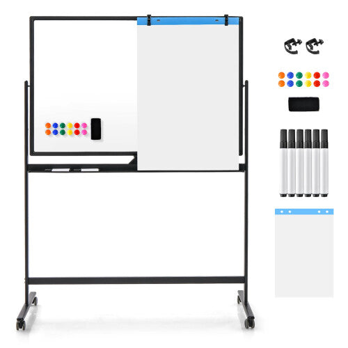 Double-Sided Magnetic Mobile Whiteboard Adjustable Rolling Erase Board-Black