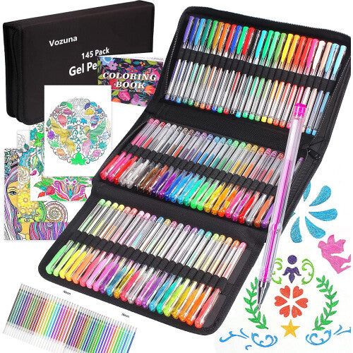 Vozuna 145 Pack Glitter Gel Pens Set 72 Unique Colours & 72 Refills with 1 Colouring Book for Kids Adult Colouring Books Drawing Doodling Crafts
