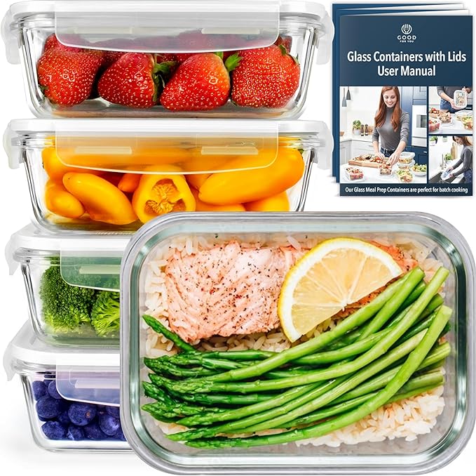 GOOD FOR YOU Glass Containers with Lids, 5 Pack 850ml/28oz, Airtight Food Storage & Meal Prep Containers, Fridge Organiser Lunch Boxes