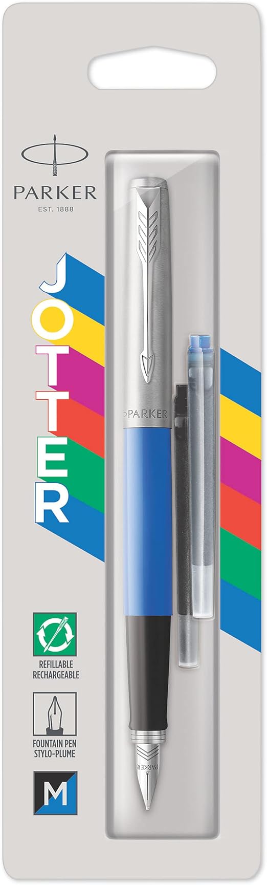 Parker Jotter Originals Fountain Pen | Classic Blue Finish | Medium Nib | Blue & Black Ink