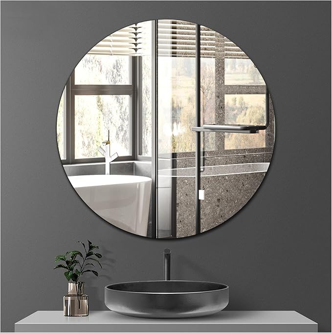 Self Adhesive Round Mirror Frameless Glass Stick On Wall Mirror, 40cm Circle Bathroom Mirror Decorative Mirrors for Bathroom Living Room Entryways Hallway Dressing Table