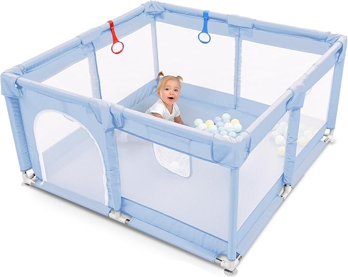 Kidoola Baby Playpen with Padded Frame & Mesh Walls, Balls & Pull Rings Included, for Indoor & Outdoor Use, Toddler Fence - Breathable Mesh, Extra Large Play Yard for Babies (127x127x65cm) (Blue)
