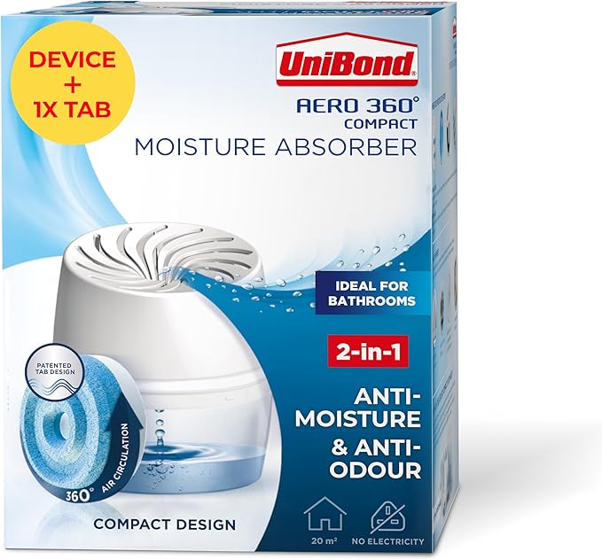 UniBond AERO 360° Humidity Absorber with 1x Refill, Dehumidifier for Effective Air Circulation, Humidity Controller Reduces Excess Moisture, 1 Device incl. 1 refill tab 450g
