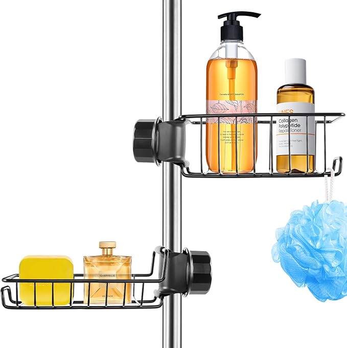 Shower Caddy Shelf No Drill 2 Pcs, Stainless Steel Shower Shelves for Riser Rail 18-27mm, Rustproof Storage Rack Hanging Bathroom Organiser for Shampoo Soap, Kitchen Toilet, Black