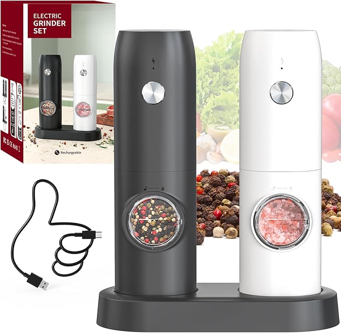 CIRCLE JOY Electric Pepper Grinder Mills, Rechargeable Salt and Pepper Set with Charging Base, Ceramic Grind and Adjustable Coarseness, Automatic Grinder for Home, Kitchen, Black White