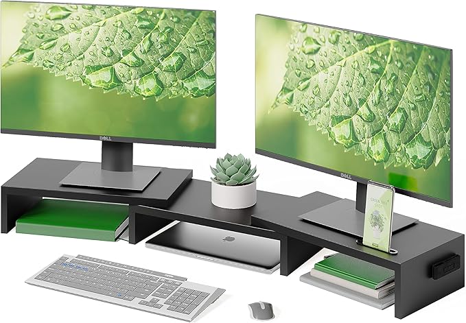 BONTEC Dual Wooden Monitor Stand with Groove, Adjustable Length and Angle for Portable Monitor and Desktop PC Monitor