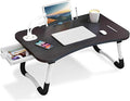 Warmiehomy Laptop Desk with USB Ports, Portable Laptop Bed Table with Foldable Legs & Cup Slot, Lap Table for Sofa with Drawer, Small Fan&Lamp, Lap Tray with Leg for Working, Black