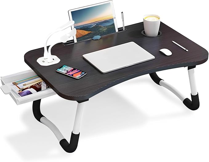 Warmiehomy Laptop Desk with USB Ports, Portable Laptop Bed Table with Foldable Legs & Cup Slot, Lap Table for Sofa with Drawer, Small Fan&Lamp, Lap Tray with Leg for Working, Black