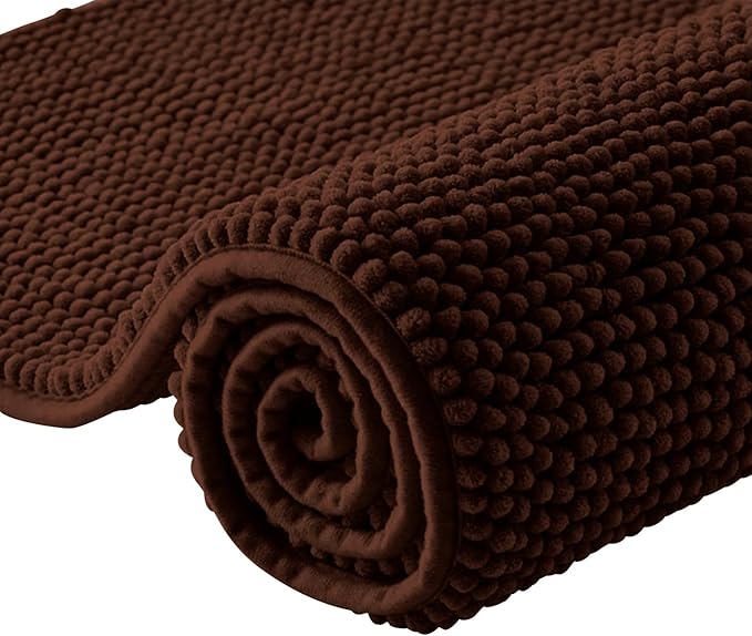 Moonlight Bedding Bath Mat Non Slip Anti Mould - Chenille Shower Mat Brown 40 x 60 cm Super Absorbent Bathroom Mat Machine Washable Extra Soft Fluffy Bathmat