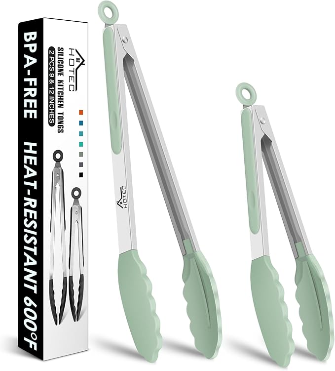 Hotec Premium Stainless Steel Locking Kitchen Tongs with Silicon Tips, Set of 2-9" and 12" Light Green