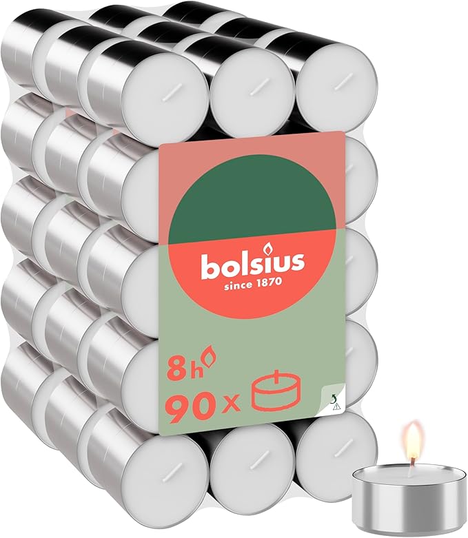 Bolsius - Large Pack of Tea Lights - 90 Pieces - 8 Burning Hours - White - Long Burning Time - Decorative Household Candles - Without Palm Oil - Clean Burning