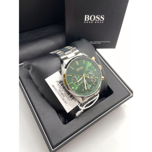 NEW HUGO BOSS CHAMPION HB1513878 SILVER GOLD & GREEN TONE MEN'S WATCH