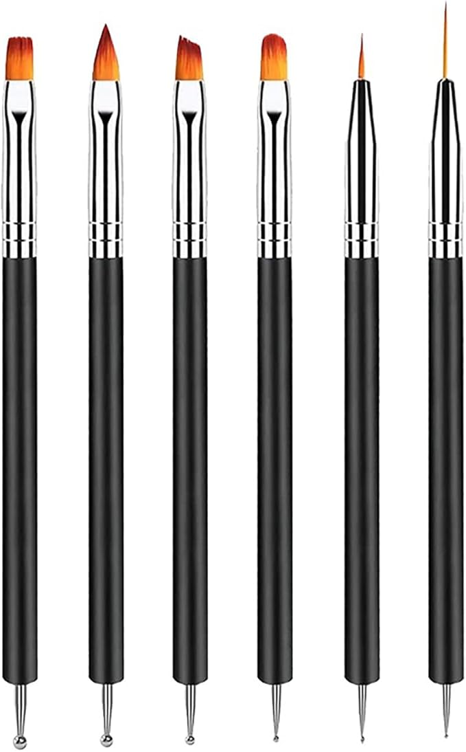 6pcs Doubel Ended Nail Art Brushes, Point Drill Drawing Painting Tools Set for DIY Nail Art Designs, Gel Polish Nail Designs Nail Carving French Nails (Black)
