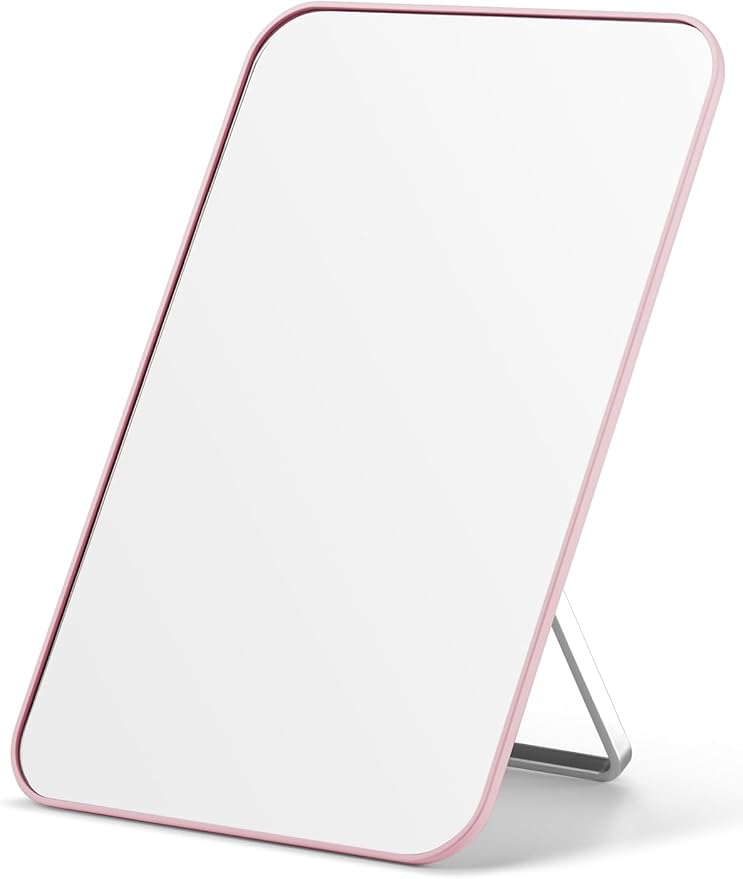 OMIRO Desk Makeup Mirror, 20 x 14cm Table Mirror with Foldable Stand and Hanging Hole for Shaving and Travelling, Pink