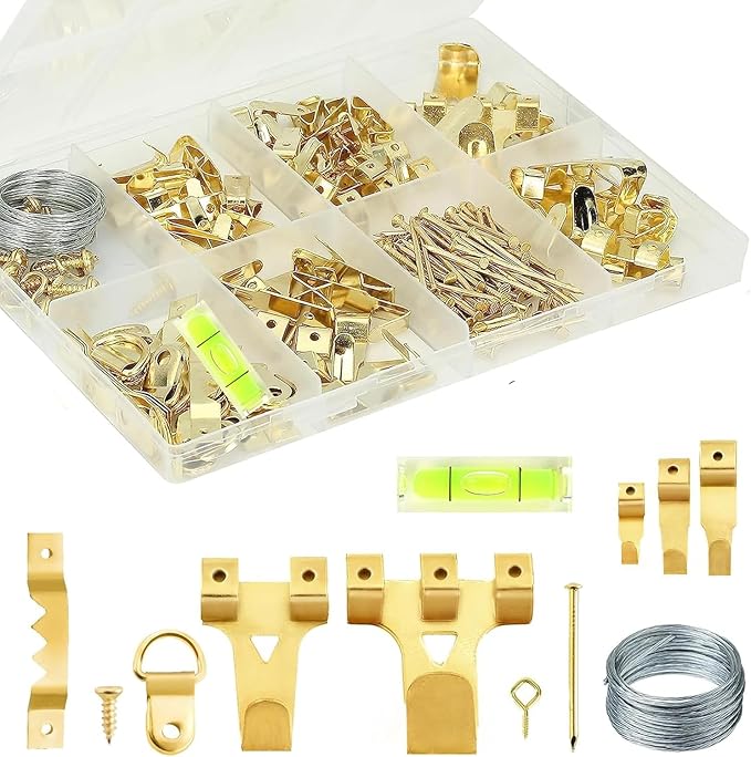 372pcs Picture Hanging Kit, Heavy Duty Picture Hooks for Frames, Picture Hanger Set with Saw Tooth, D-Ring, Nails, Screws for Mirrors, Picture Frames & Paintings Plasterboard Walls (Gold)