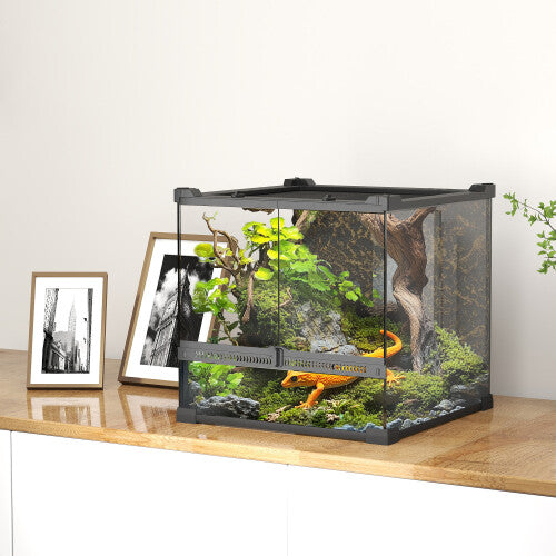 (M) PawHut Glass Terrarium, Reptile Vivarium with Stone Background, Black