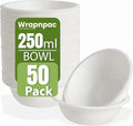 Pack of 50 Biodegradable 250ml Bagasse Bowl Leak-Resistant for Hot & Cold use, Freezer Safe Strong Paper Bowls Small Disposable Compostable Bowl for Party Microwavable Soup Dessert Salad Cereals