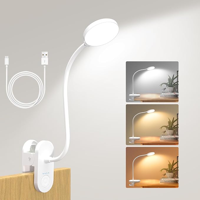 61 LED Clip On Reading Light - 【3 Colour Modes & 10 Brightness】 2000mAh USB-C Rechargeable, 40cm Flexible Arm, Bedside Lamp for Books, Desk & Camping