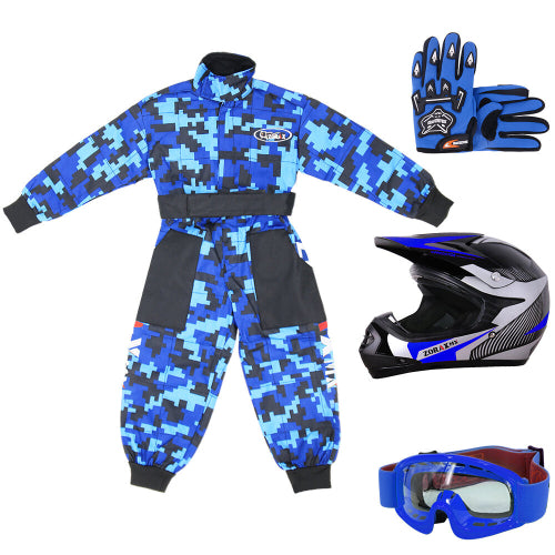 (Blue, S) ZORAX X19 Kids Motocross MX Helmet Motorbike Camo Suit Karting Gloves Goggles