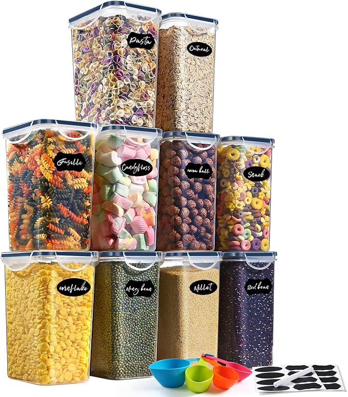YASHE Food Storage Containers with Lids Airtight, Set of 10 * 1.5L, Plastic Cereal Storage Containers, BPA Free, Kitchen Storage Containers for Dry Food, Flour & Sugar, with Labels, Marker & Spoon
