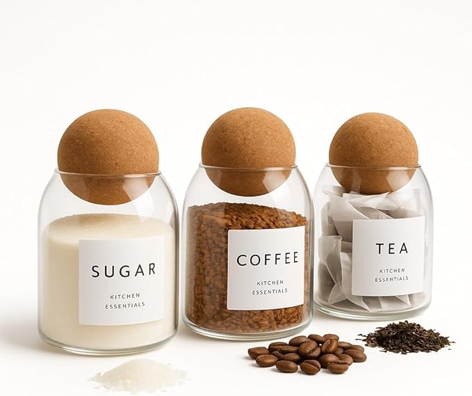 Tea Coffee and Sugar Canisters Set - Set of 3 Unique Cork Ball 500ml Glass Jars - Perfect Sugar Tea Coffee Set Organiser