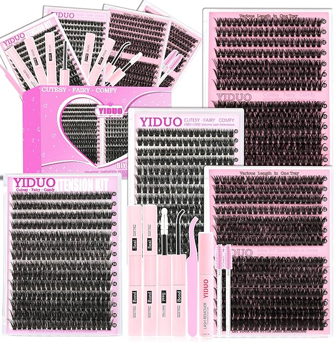 4 Styles Lash Clusters Kit 60D+80D+100D+150D Fluffy Clusters Lashes Extensions Kit with 2 Bond and Seal 10-18mm Wispy D Curly Full DIY Individual Eyelash Extensions Kit DIY at Home Easily