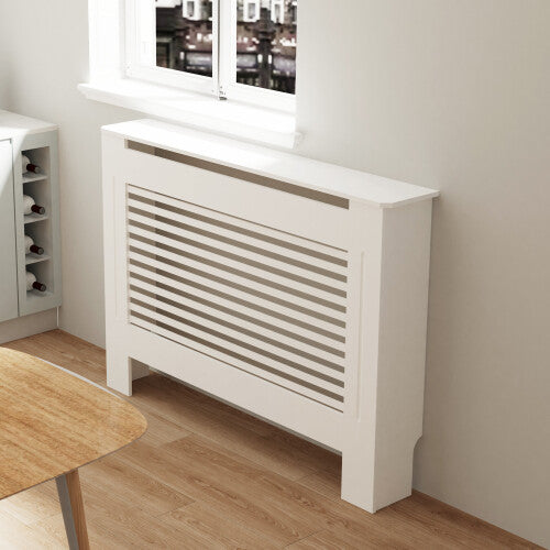 (Horizontal, Medium 111x19x92cm) 92cm Tall Radiator Cover Modern Cabinet MDF Slats Wood Grill
