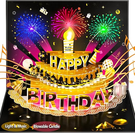 3D Pop Up Birthday Card with Lights and Sound, Blow Out LED Candle with Sensor, Singing Musical Greeting Card for Men, Women, Kids