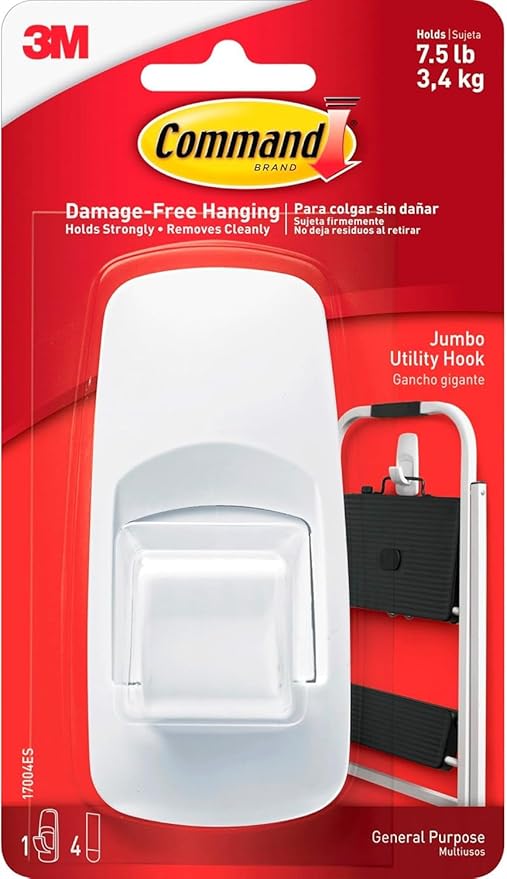 Command Jumbo Utility Hook, Pack of 1 Hook and 4 Adhesive Strips, White - Damage Free Hanging - Holds up to 3.4kg