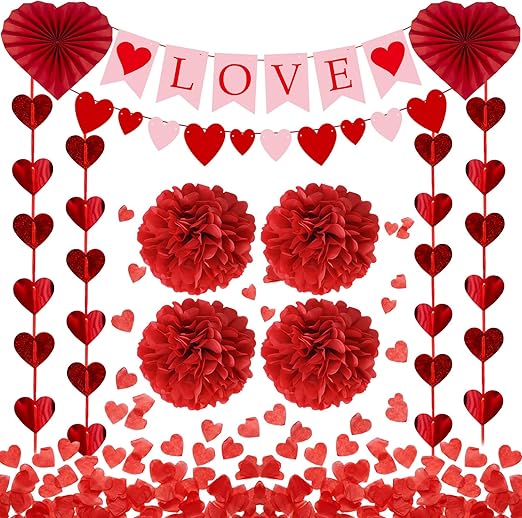 Valentines Day Decorations Set Valentines Decor with Love Heart Garlands Banner Red Heart Paper Confetti Paper Fans and Tissue Pom Poms for Home Office and Party Decor