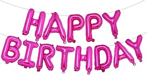 Happy Birthday Balloons Banner, 16 Inch Rose Pink Foil Balloon Mylar Sign Bunting Banner Self Inflating Letter Balloons Reusable for Girls Women Adults Birthday Party Decorations Supplies