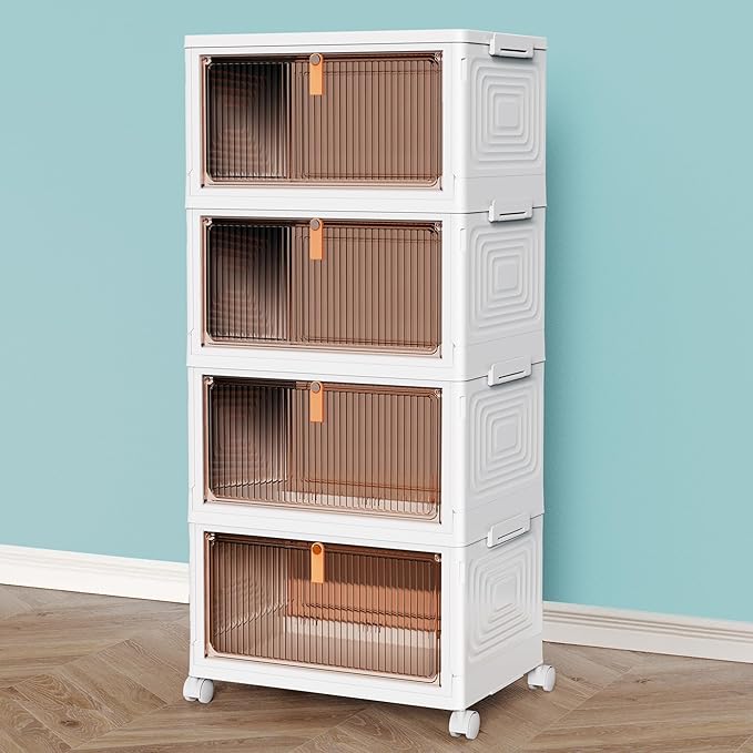 Storage Boxes with Lid, 4-Tier Plastic Stackable Storage Boxes with 1 Lid 23L/Tier, Folding Storage Bins with Wheels, Storage Organizer for Bedroom Living Room Study Office