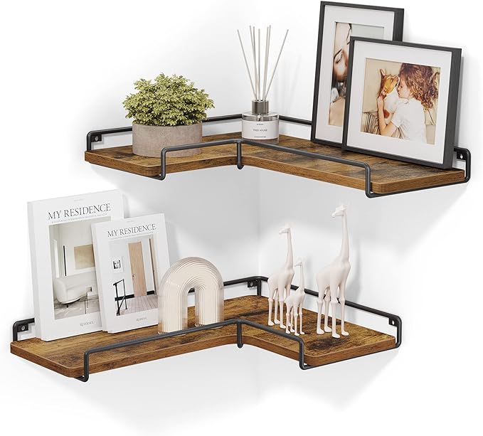 VASAGLE Floating Shelves, Set of 2, L-Shaped Corner Shelves for Wall, Corner Wall Shelf, Industrial Style, for Living Room, Bedroom, Kitchen, Rustic Brown and Black LLS831B01