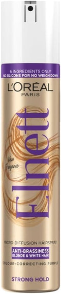 L'Oréal Paris Elnett Hair Spray, Anti-Brassiness With Up to 72H Hold, Neutralise Unwanted Yellow Tones, Frizz Protection, For Blonde & White Hair, 200ml