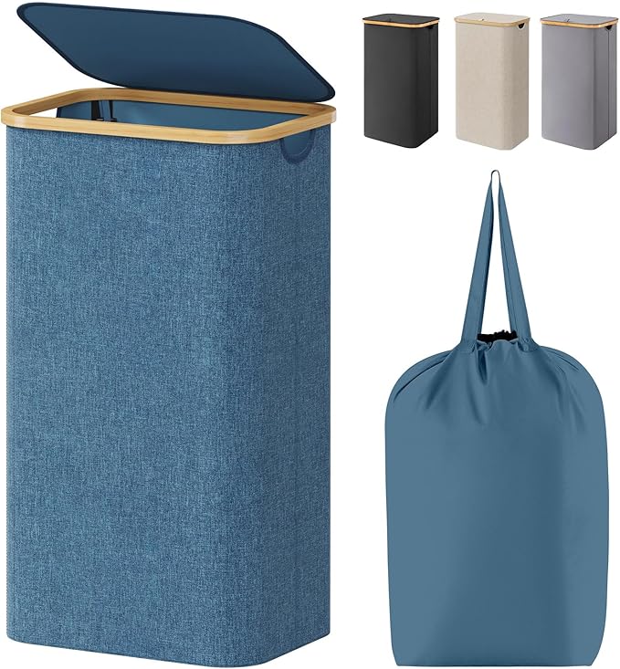 Lifewit 100L Laundry Basket with Lid, Clothes Hampers for Laundry with Bamboo Handles and A Removable Laundry Bag, Large Foldable Laundry Hamper for Bedroom, Bathroom, Dorm, Laundry Room, Dark Blue