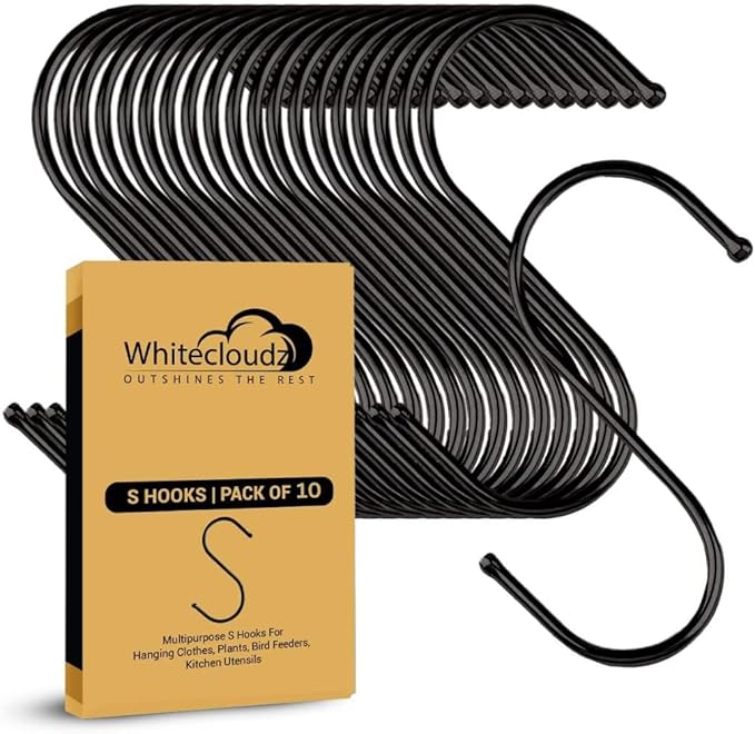 WHITECLOUDZ 10Pack Black Heavy Duty S Hooks for Hanging, Durable Wall Hangings Hooks, Metal Hooks for Hanging Clothes, Kitchen Hooks for Utensils, Ceiling Hooks for hangings Plants,(8.4cm)