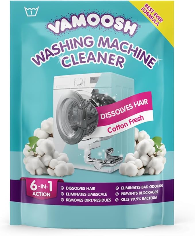 Vamoosh 6-in-1 Washing Machine Cleaner, Cotton Fresh Scent. Dissolves Hair, Eliminates Bad Odours, Removes Limescale, Deep Clean, Leaves Smelling Fresh, Antibacterial, Descales, 1 Wash