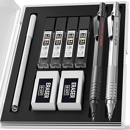 Nicpro 2 pcs 0.5 mm 0.7 mm Mechanical Pencils with Case, MP1000 Metal Pencils Set with 6 HB Lead Refill Tubes, 3 Erasers, 9 Rubber Refills for Artistic Writing, Drawing