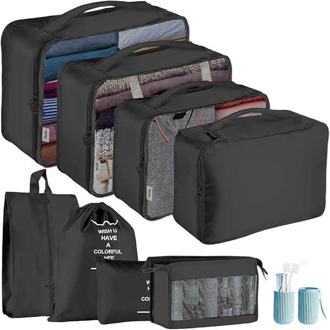 Jsdoin Packing Cubes for Suitcase,9 PCS Travel Luggage Packing Cubes for Backpack, Waterproof Essentials Suitcase Organiser Bags, Travel Accessories (Black)