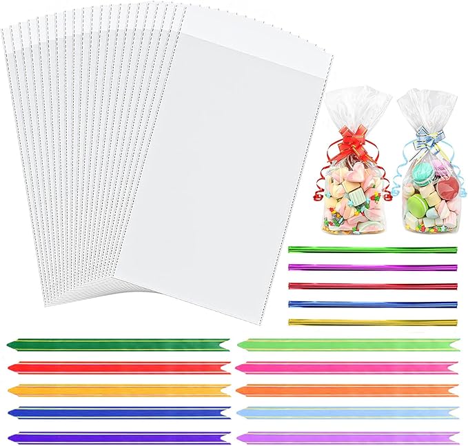 Cellophane Bags,100pcs (6 x 10 Inches) Cellophane Bags with 100pcs Colorful Pull Bows & 100pc Colorful Ties,Flat Bottom Sweets Clear Bags for Present Packaging of Christmas, Halloween, Birthday.