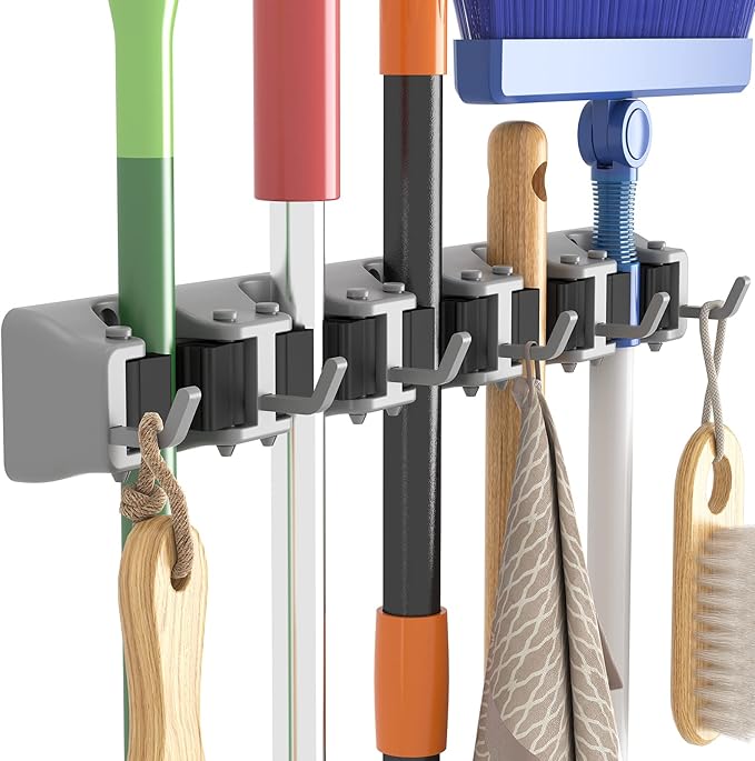 Lifewit Broom Mop Holder Wall Mounted, Heavy Duty Broom Storage with 5 Slot 6 Hooks, Utility Room Storage Solutions for Broom Cupboard Kitchen Bathroom Garage and Garden Tool Organiser, 1 Pack, Grey