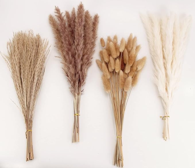 Dried Pampas Grass Decoration, 100 Pieces of Pampas Grass with Bunny Tails Dried Flowers, Reed Grass Bouquet for Wedding Boho Flowers and Home Table Decoration, Rustic Farmhouse Party