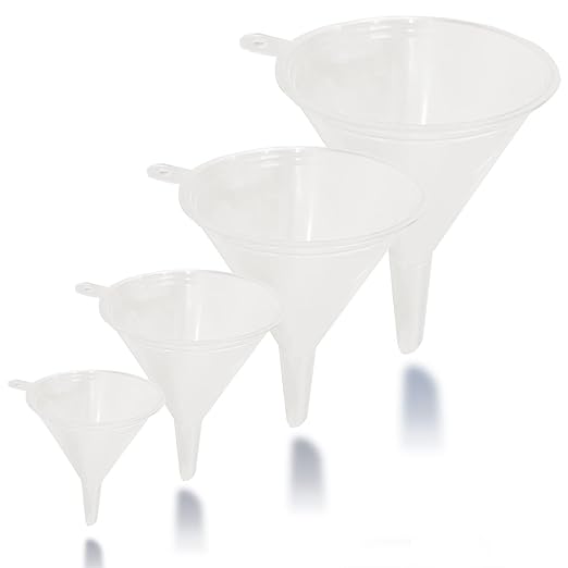 Funnel Transparent in 4 Different Sizes (122, 101, 76 & 50mm) Non-Toxic Food Grade Plastic -Funnels for Filling Bottles or Containers with Holders – Funnel Kitchen ideal for Garage & Labs
