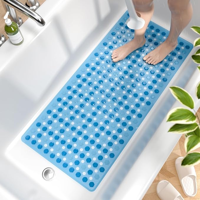 HITSLAM Bath Mat Non Slip Anti Mould, 89 x 40 cm Long Non Slip Shower Mat for Inside Shower, Machine Washable Bathroom Bathtub Mat with Strong Suction Cups and Drain Holes, Soft on Feet, Blue