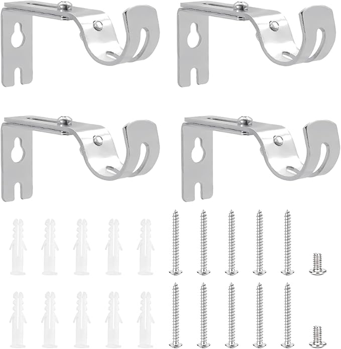 4 Heavy Duty Curtain Pole Holders, Adjustable for 25mm Poles, Silver Metal Wall Rod Brackets