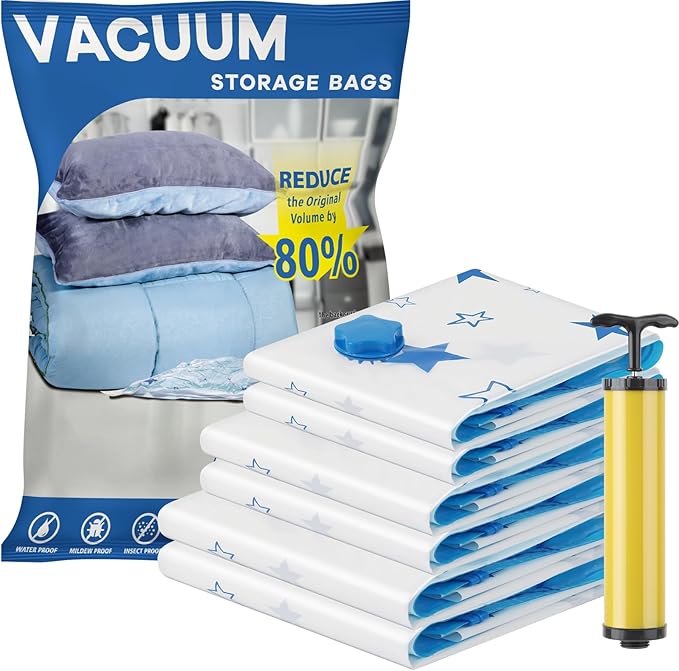 Vacuum Storage Bags, 6 Combo (2 Jumbo, 2 Large, 2 Medium) Reusable Space Saver Bags Vacuum Compression Zipper Storage Bags with Airtight Valve and Hand Pump,Work with Vacuum Cleaner