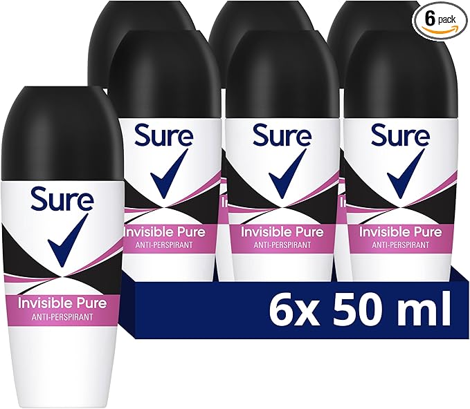 Sure Invisible Pure Anti-Perspirant Roll On Women's Deodorant that protects against white marks and yellow stains for 48 hour sweat and odour protection 6x 50 ml