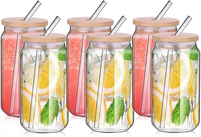 480ml Can Shaped Glass Cups Set, Drinking Glasses with Bamboo Lids and Glass Straws, Tumblers for Beer, Iced Coffee, Cocktails and Soda (6pcs)