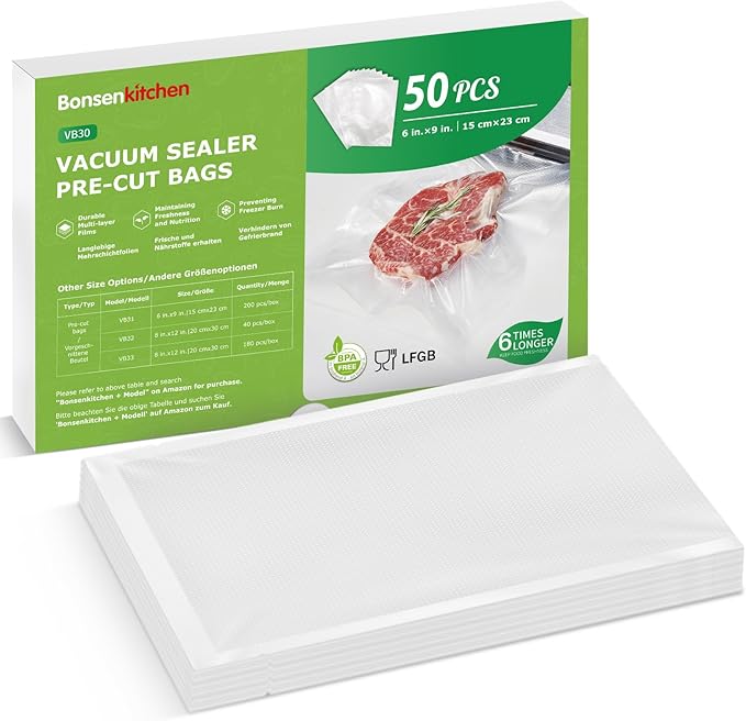 Bonsenkitchen Precut Vacuum Sealer Bags, 50 pcs 15 x 23 CM Food Sealer Bags, Food Grade, BPA Free, Heavy Duty, Customized Size, Vac, Meal Prep or Sous Vide Cooking, VB30