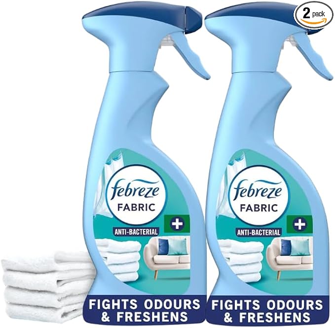 Febreze Antibacterial Fabric Refresher Spray, FRESH LINEN, 375ml (Pack of 2) – Kills 99.9% of Bacteria – Odour Eliminator for Sofas, Curtains & Upholstery – OdourClear Technology
